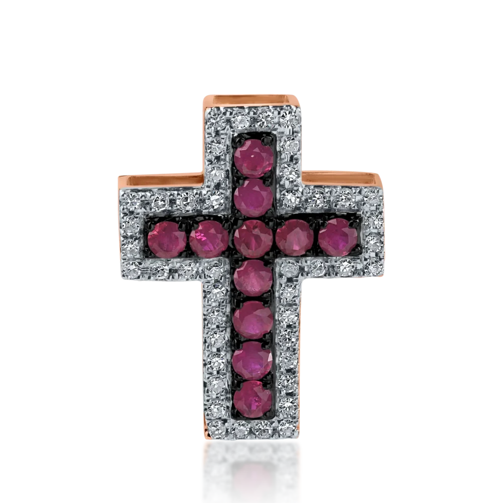 Pandantiv cruce din aur roz cu rubine de 0.287ct si diamante de 0.121ct