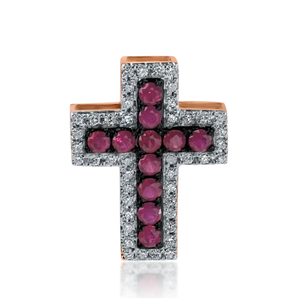 Pandantiv cruce din aur roz cu rubine de 0.287ct si diamante de 0.121ct