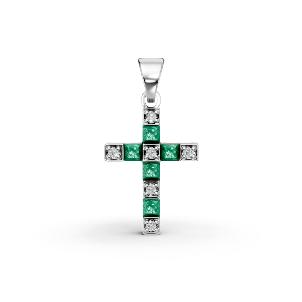 Pandantiv cruciulita din aur alb cu smaralde rectangulare de 0.2ct si diamante de 0.04ct