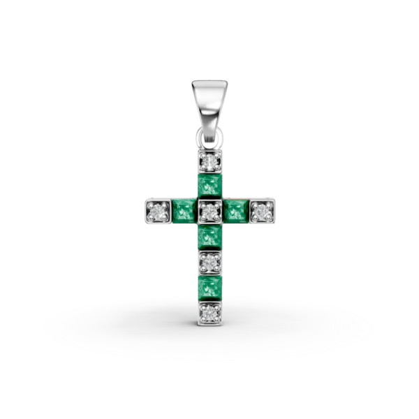 Pandantiv cruciulita din aur alb cu smaralde rectangulare de 0.2ct si diamante de 0.04ct