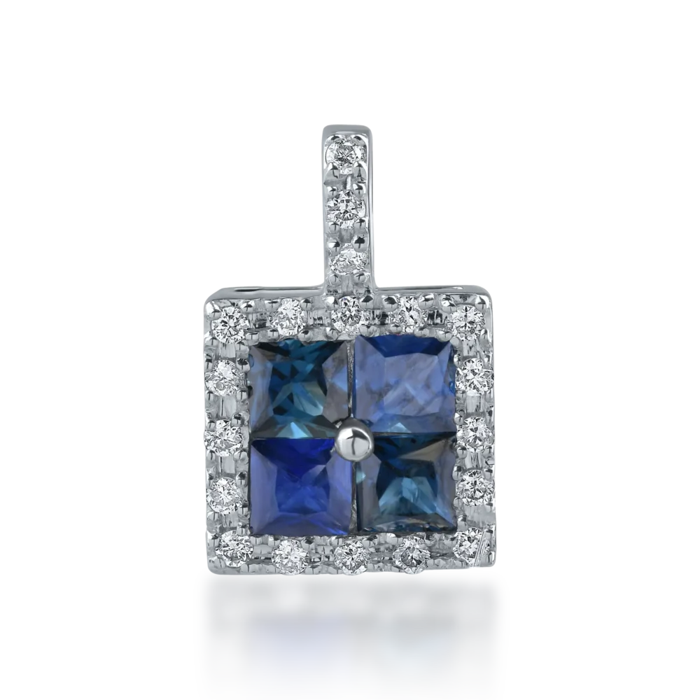 Pandantiv din aur alb cu safire princess de 0.82ct si diamante de 0.12ct