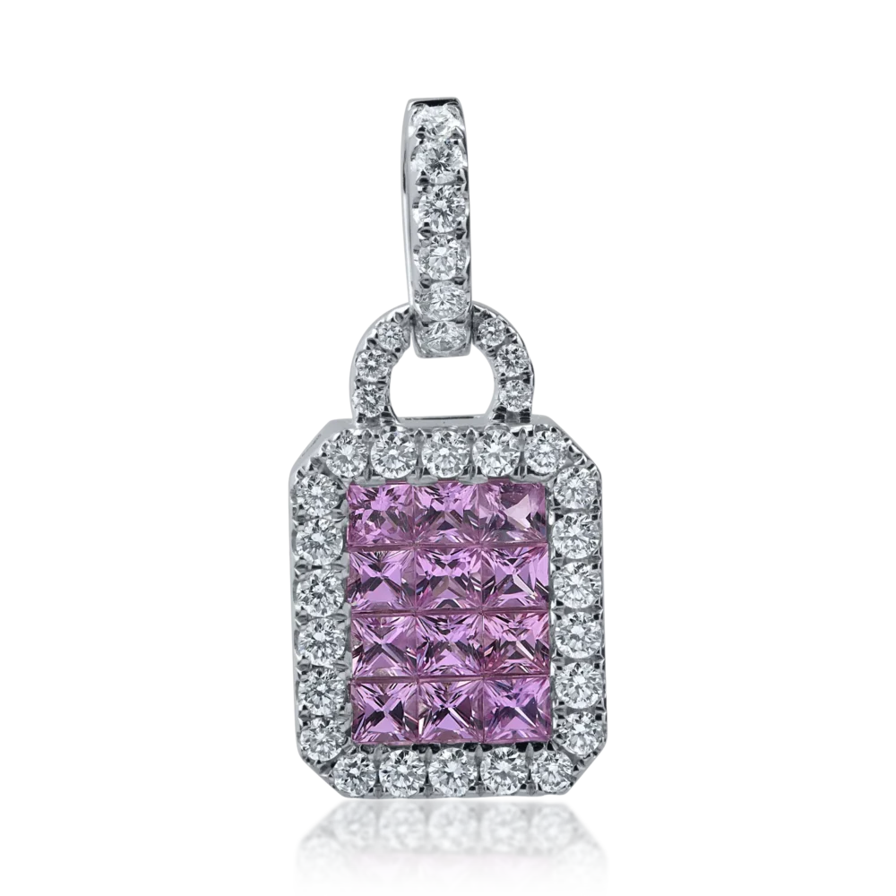 Pandantiv din aur alb cu safire roz princess de 1.11ct si diamante de 0.57ct