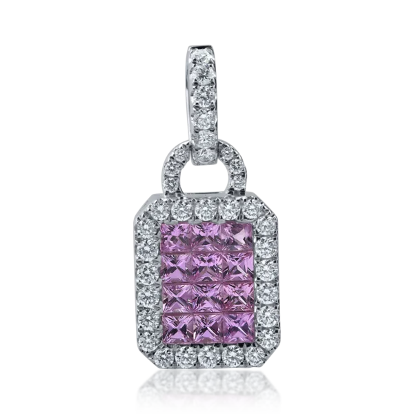 Pandantiv din aur alb cu safire roz princess de 1.11ct si diamante de 0.57ct