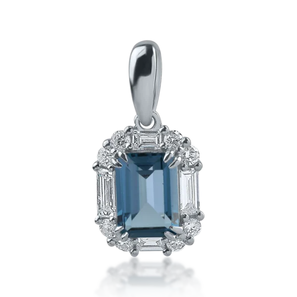 Pandantiv din aur alb cu topaz london blue de 1.17ct si diamante baguette si rotunde de 0.32ct