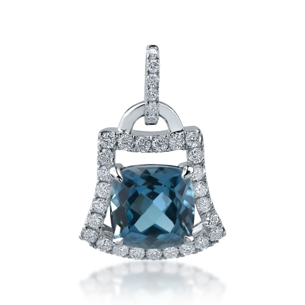Pandantiv din aur alb cu topaz london blue square de 1.905ct si diamante de 0.239ct