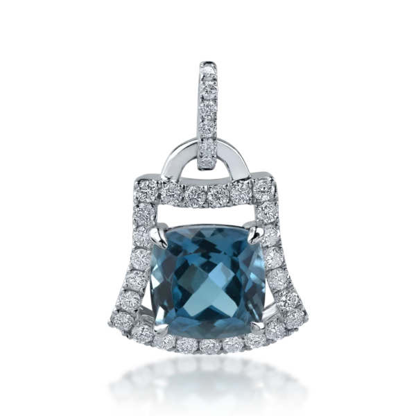Pandantiv din aur alb cu topaz london blue square de 1.905ct si diamante de 0.239ct