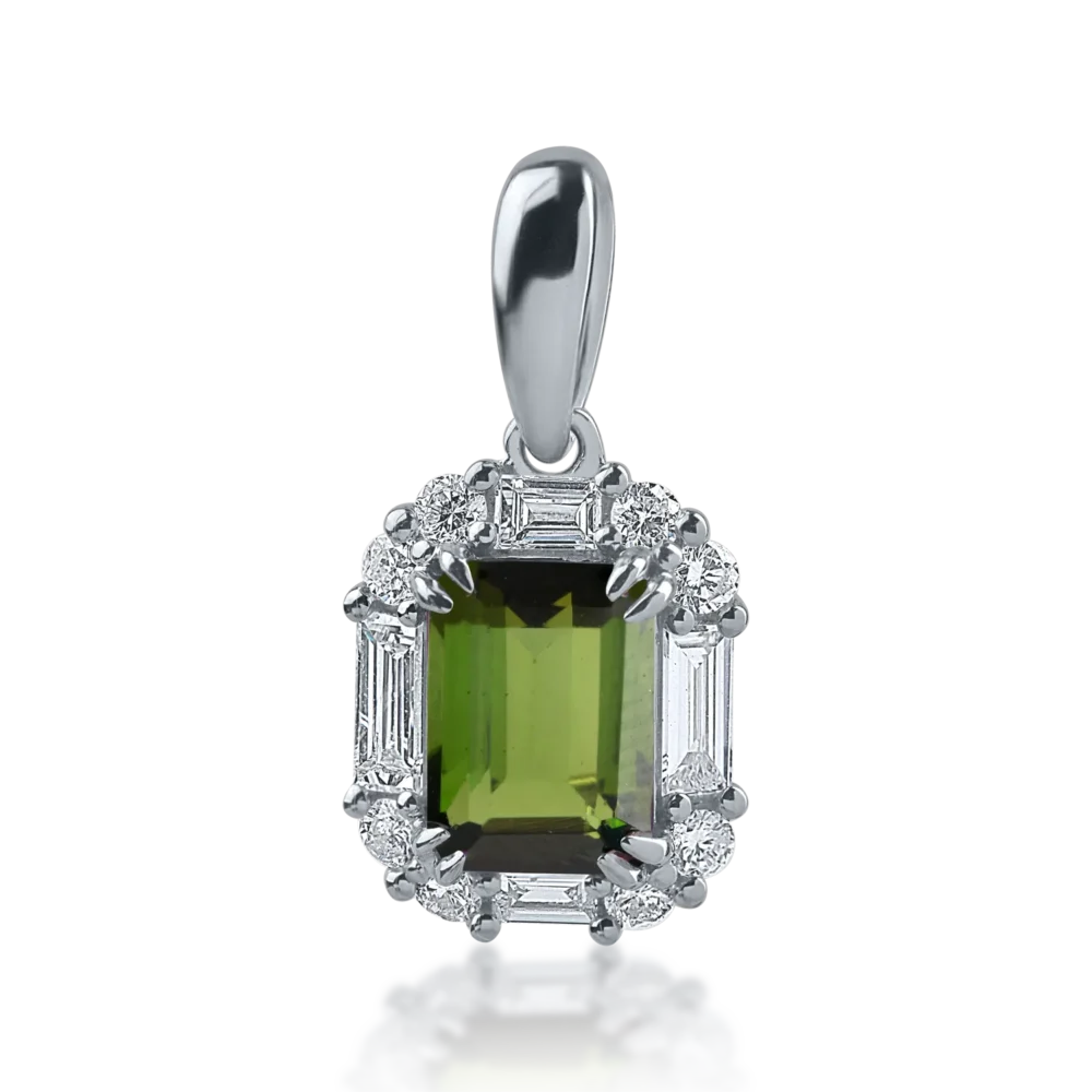 Pandantiv din aur alb cu turmalina verde de 1.03ct si diamante baguette si rotunde de 0.35ct
