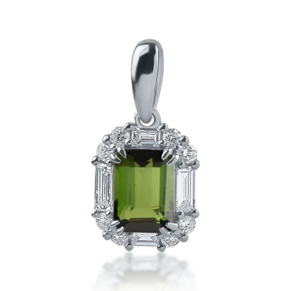 Pandantiv din aur alb cu turmalina verde de 1.03ct si diamante baguette si rotunde de 0.35ct