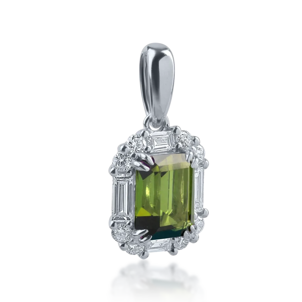 Pandantiv din aur alb cu turmalina verde de 1.03ct si diamante baguette si rotunde de 0.35ct - imagine 2