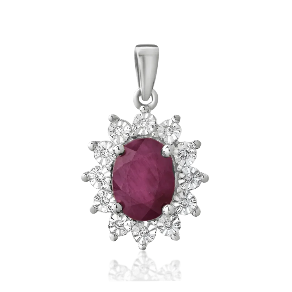 Pandantiv din aur alb cu rubin oval de 1.75ct si diamante de 0.03ct