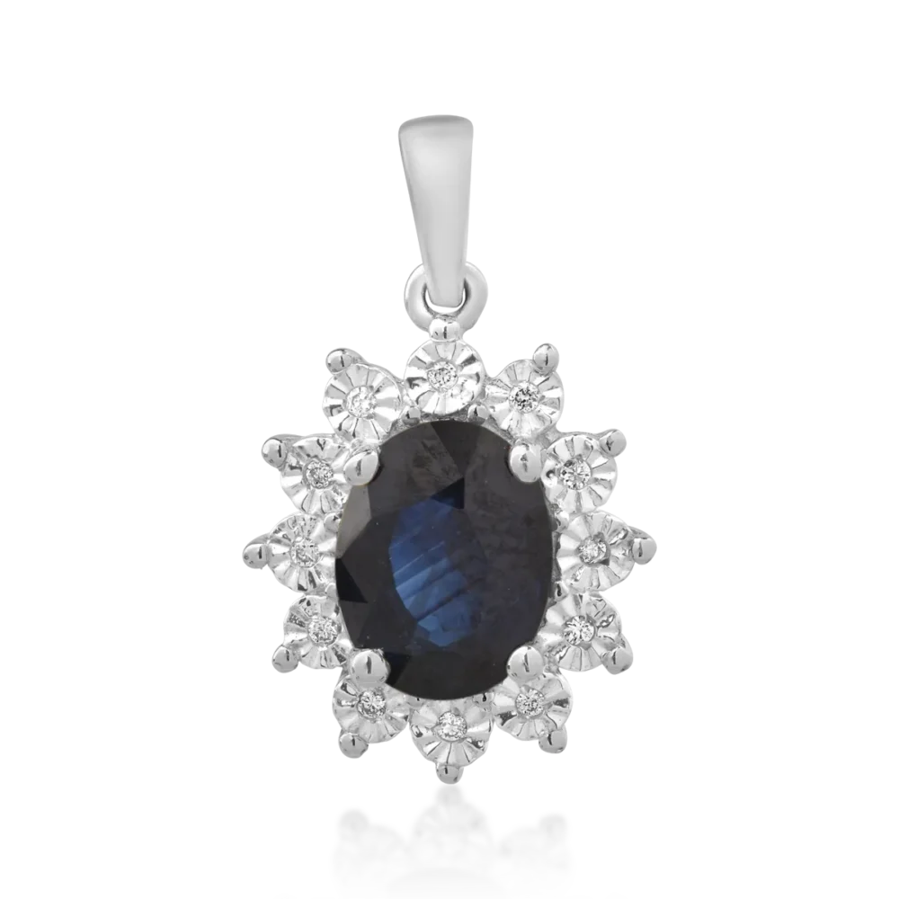 Pandantiv din aur alb cu safir oval de 1.5ct si diamante de 0.04ct