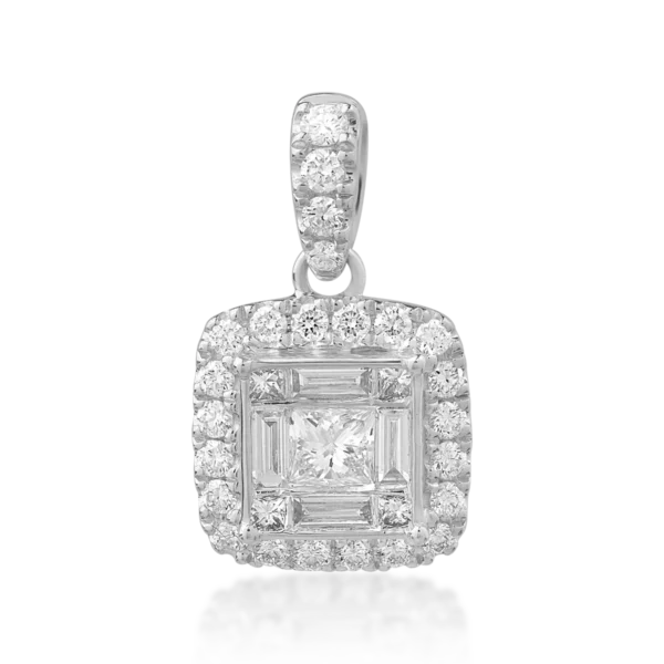Pandantiv din aur alb cu diamante princess, baguette si rotunde de 0.45ct