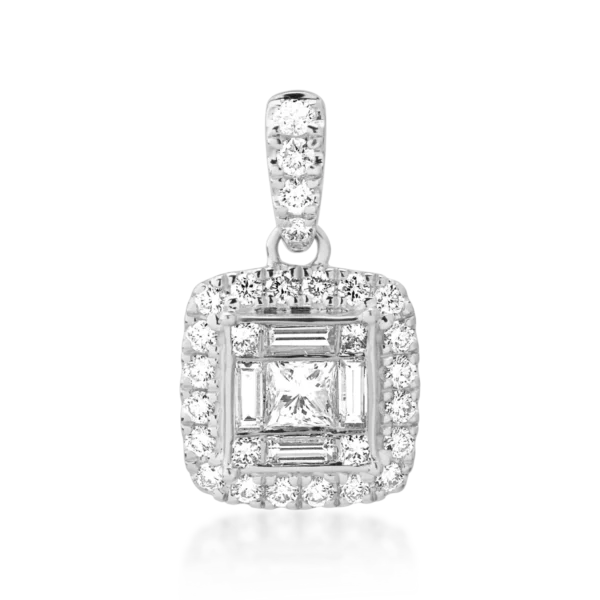 Pandantiv din aur alb cu diamante princess, baguette si rotunde de 0.63ct