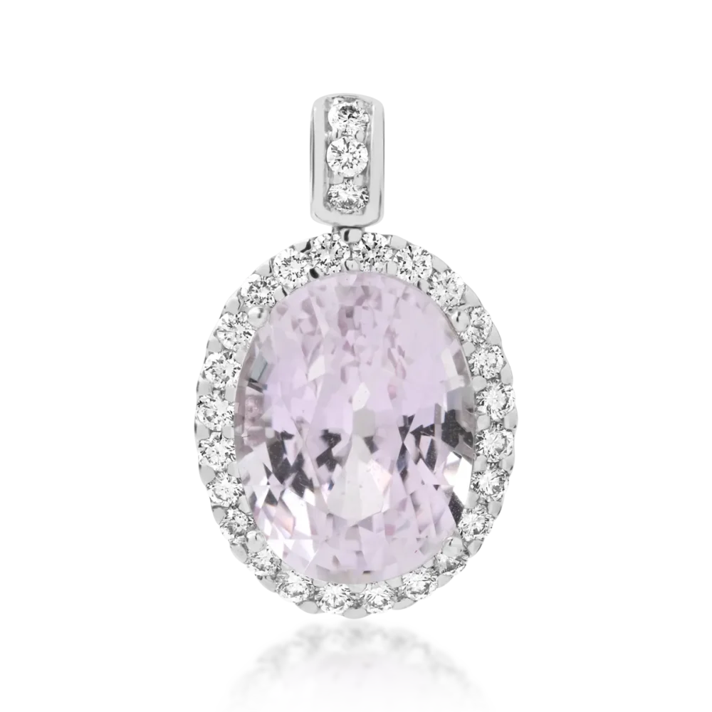 Pandantiv din aur alb cu kunzit oval de 6.21ct si diamante de 0.44ct