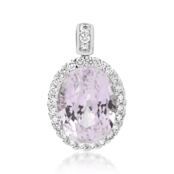 Pandantiv din aur alb cu kunzit oval de 6.21ct si diamante de 0.44ct
