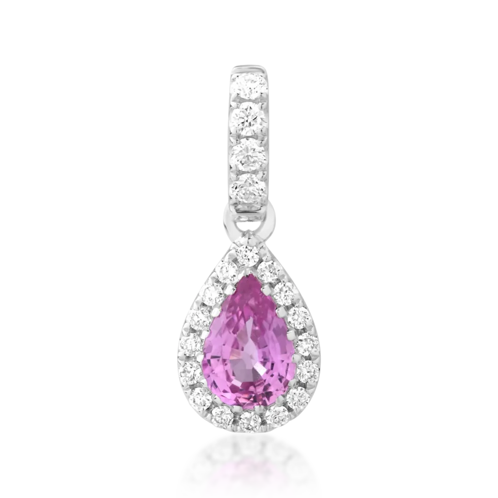 Pandantiv din aur alb cu safir roz pear de 0.5ct si diamante de 0.12ct