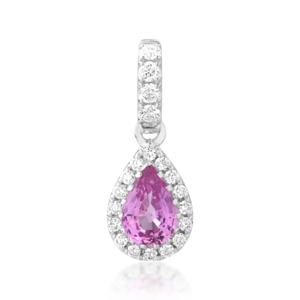 Pandantiv din aur alb cu safir roz pear de 0.5ct si diamante de 0.12ct