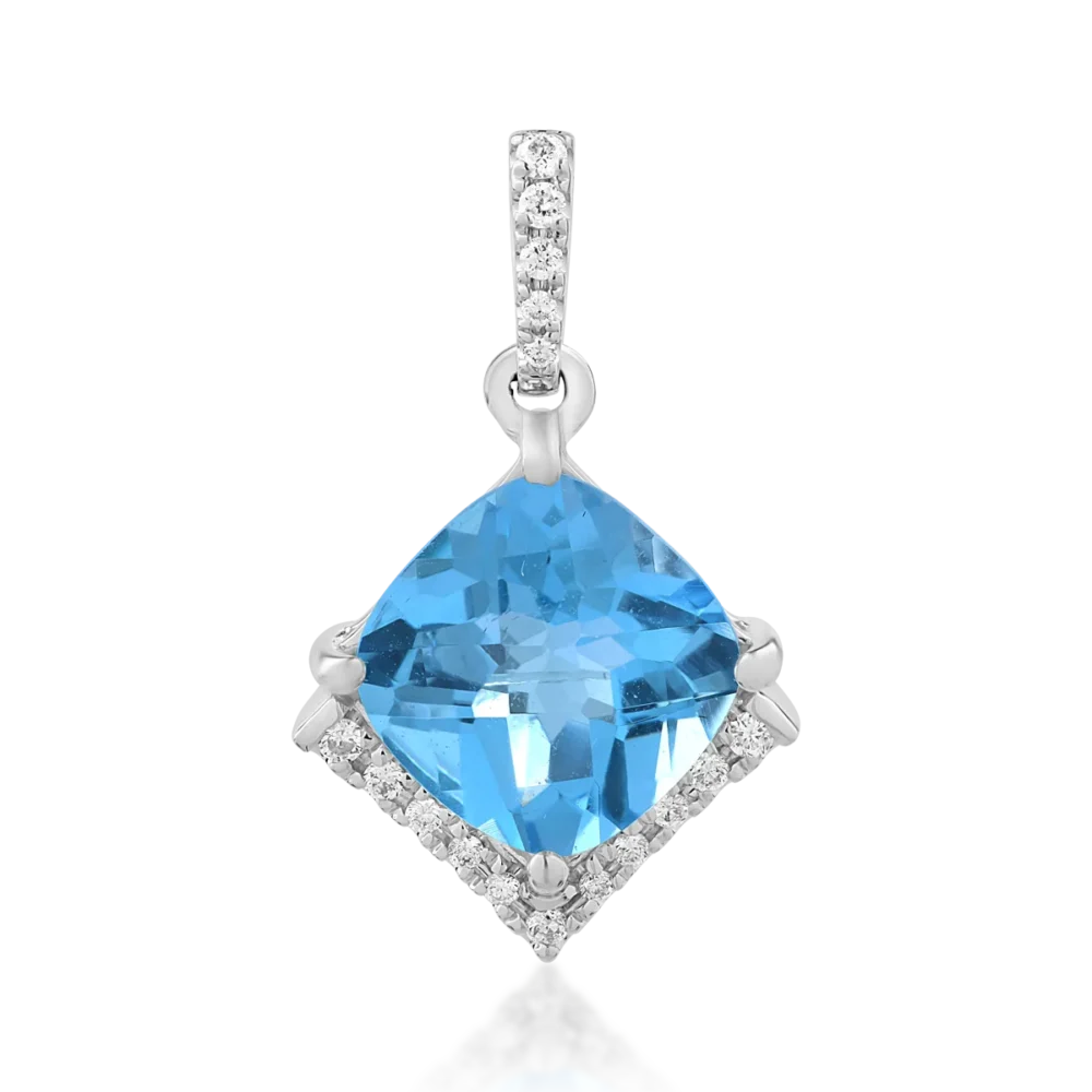 Pandantiv din aur alb cu topaz albastru cushion de 2.8ct si diamante de 0.08ct