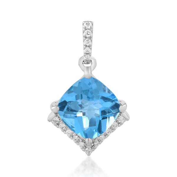 Pandantiv din aur alb cu topaz albastru cushion de 2.8ct si diamante de 0.08ct