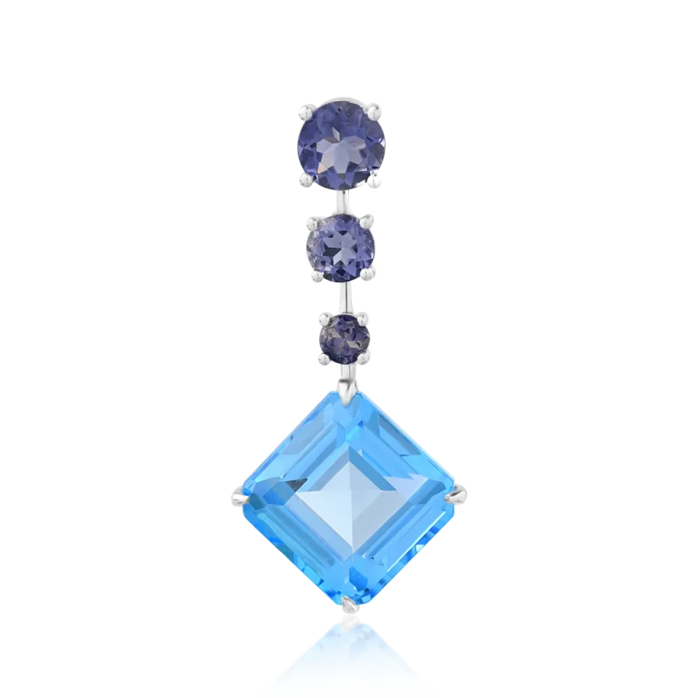 Pandantiv din aur alb cu topaz albastru octogonal de 5.7ct si iolite de 1ct