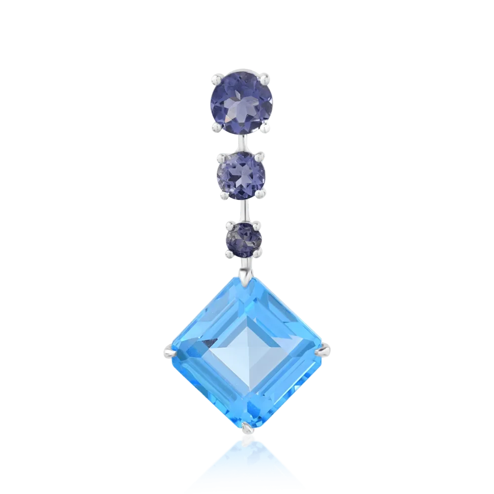 Pandantiv din aur alb cu topaz albastru octogonal de 7.4ct si iolite de 1ct
