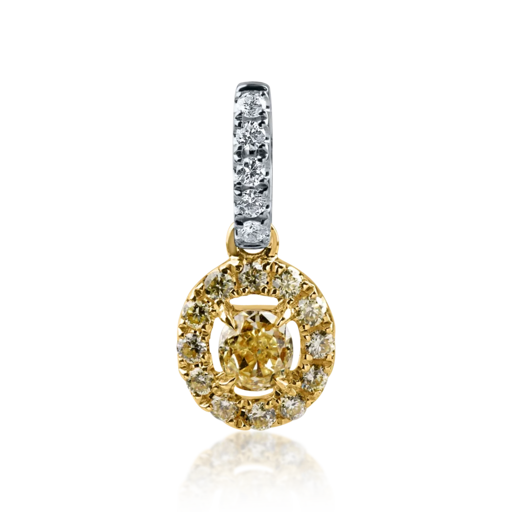 Pandantiv din aur alb-galben cu diamant fancy galben oval de 0.148ct si diamante galbene si incolore de 0.108ct