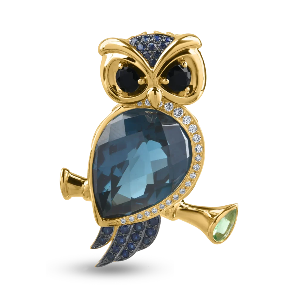 Pandantiv bufnita din aur galben cu pietre pretioase si semipretioase de 11.76ct