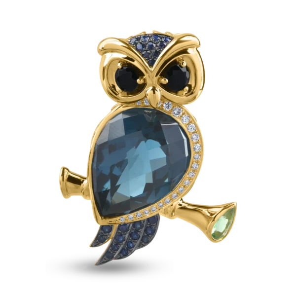 Pandantiv bufnita din aur galben cu pietre pretioase si semipretioase de 11.76ct