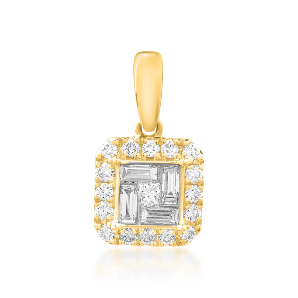 Pandantiv din aur galben cu diamante princess, baguette si rotunde de 0.4ct