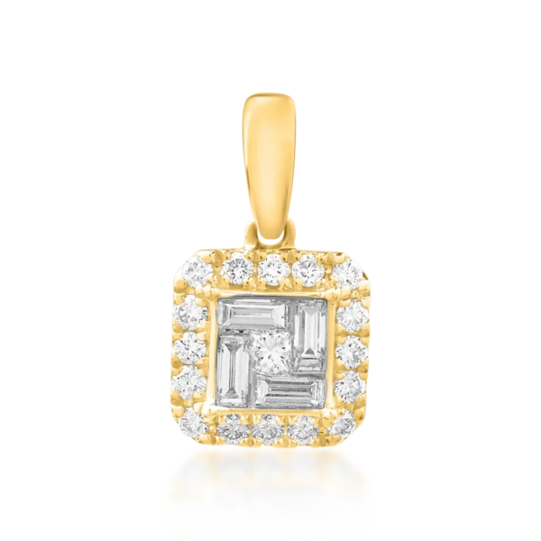 Pandantiv din aur galben cu diamante princess, baguette si rotunde de 0.4ct