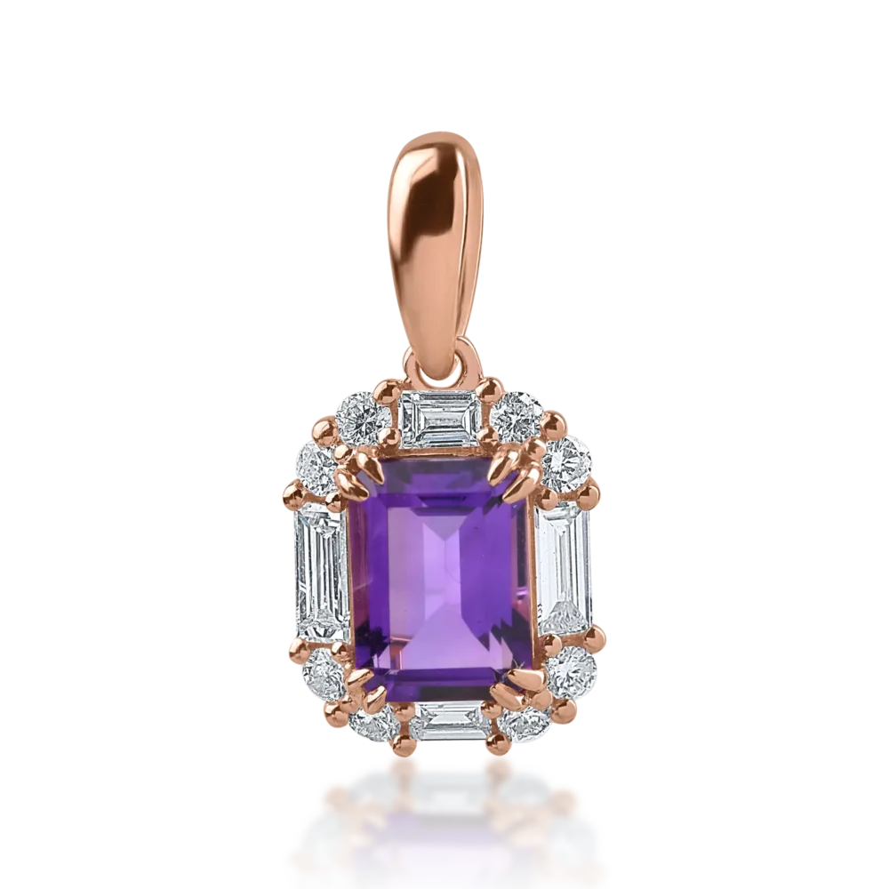 Pandantiv din aur roz cu ametist de 0.97ct si diamante baguette si rotunde de 0.34ct