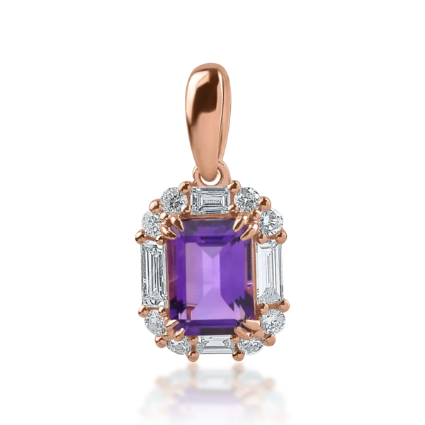 Pandantiv din aur roz cu ametist de 0.97ct si diamante baguette si rotunde de 0.34ct