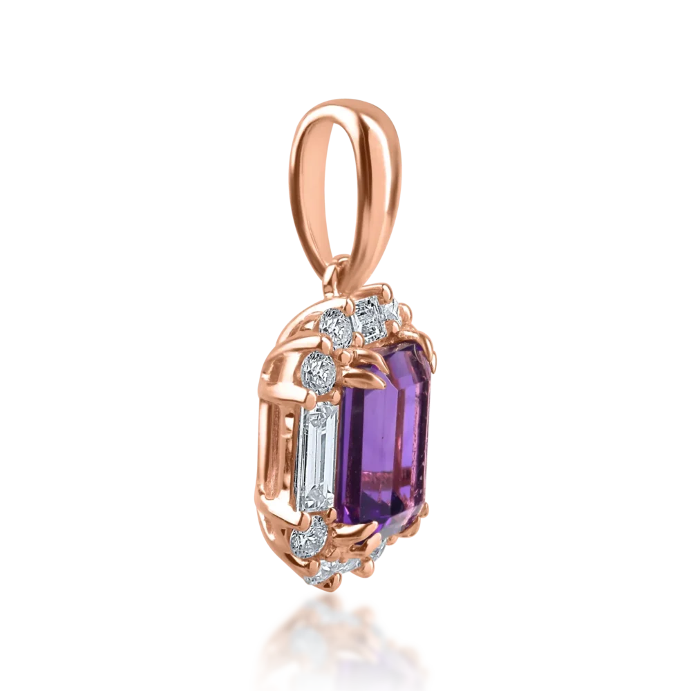 Pandantiv din aur roz cu ametist de 0.97ct si diamante baguette si rotunde de 0.34ct - imagine 3