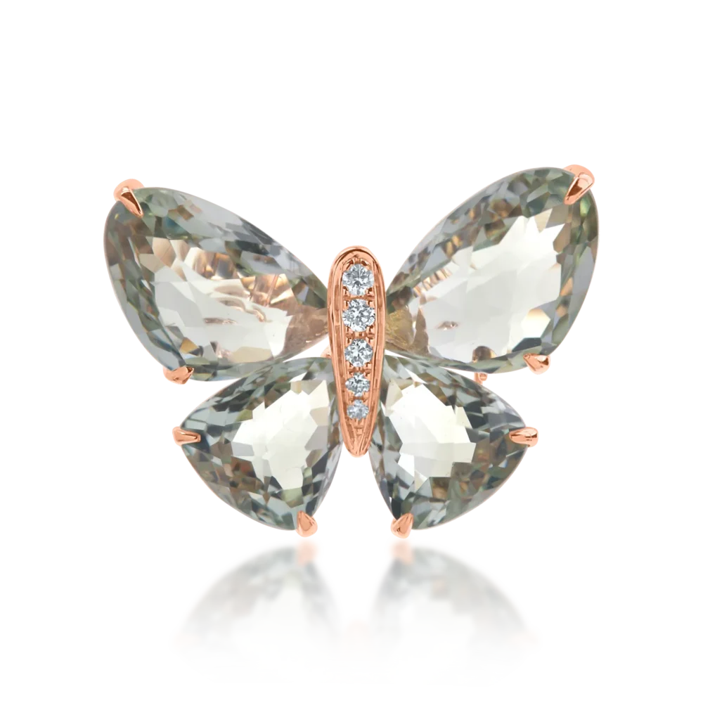 Pandantiv fluture din aur roz cu pietre pretioase si semipretioase de 11.67ct