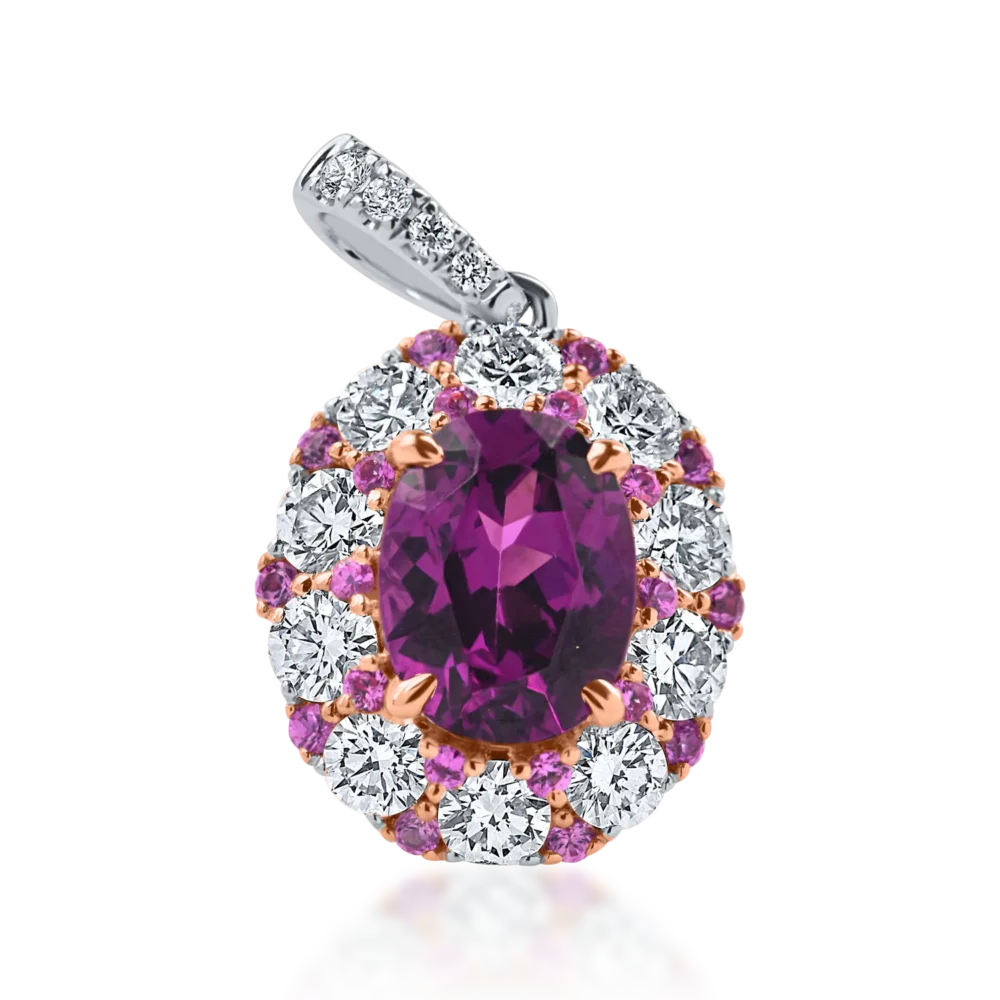 Pandantiv geometric din aur alb cu granat oval, safire roz si diamante de 2.5ct