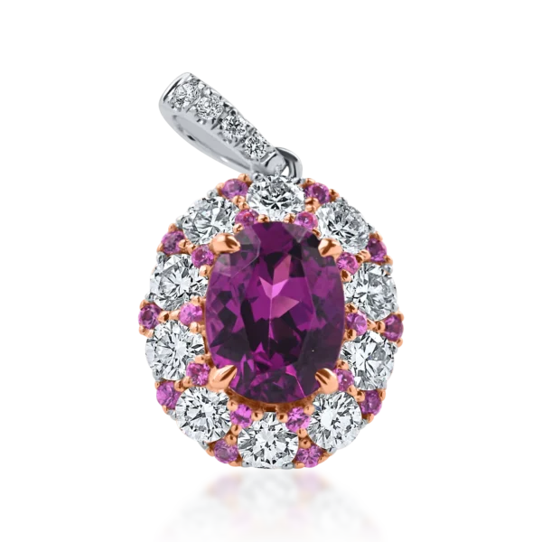 Pandantiv geometric din aur alb cu granat oval, safire roz si diamante de 2.5ct