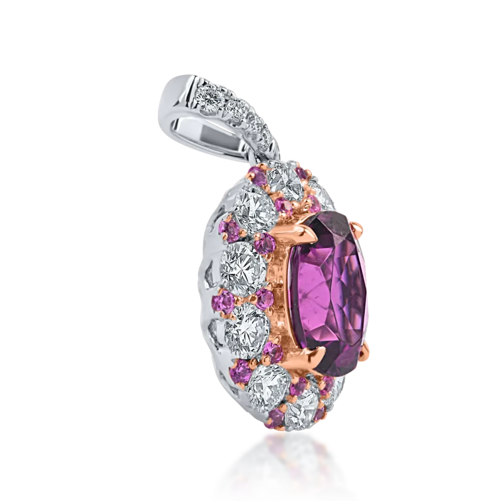 Pandantiv geometric din aur alb cu granat oval, safire roz si diamante de 2.5ct - imagine 2