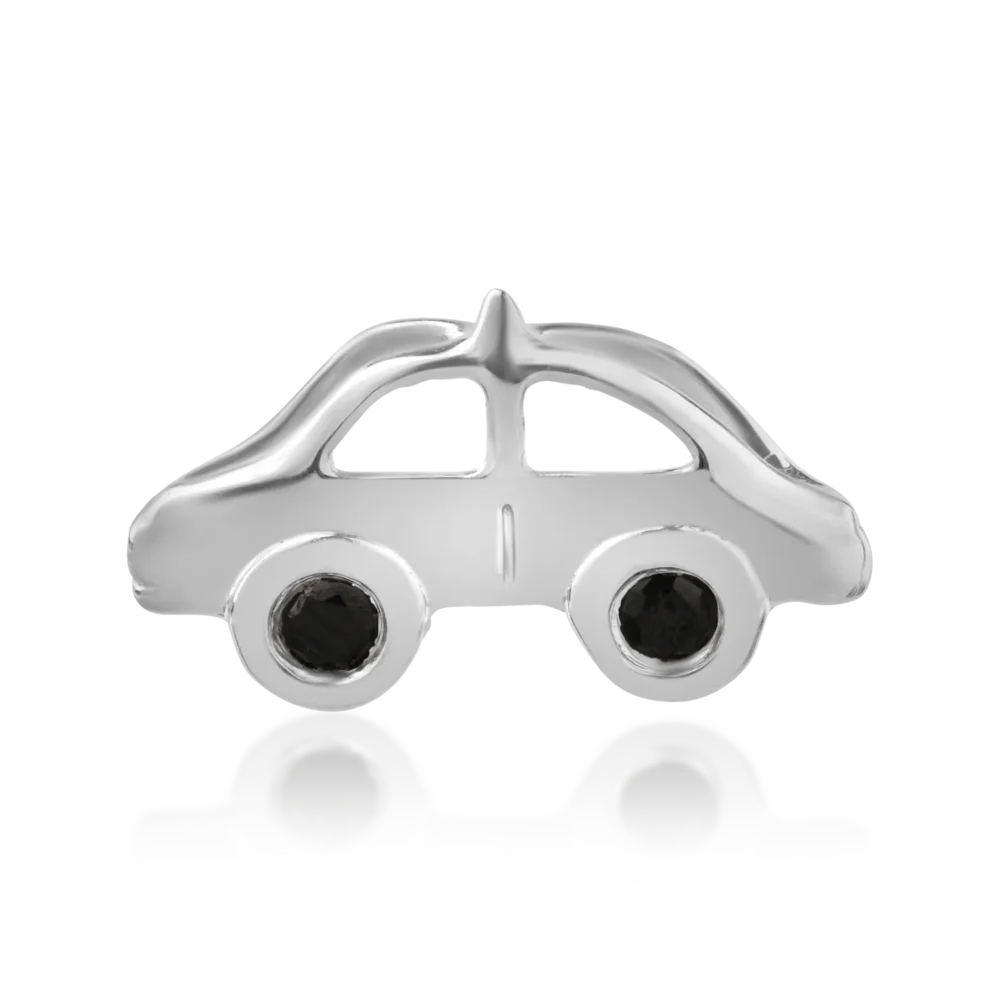 Pandantiv masinuta pentru copii din aur alb cu diamante negre de 0.03ct