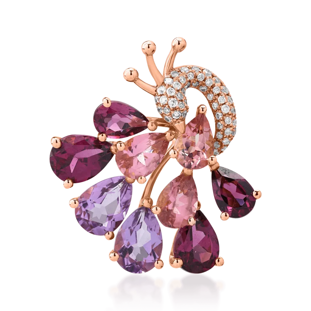 Pandantiv paun din aur roz cu pietre pretioase si semipretioase de 5.67ct