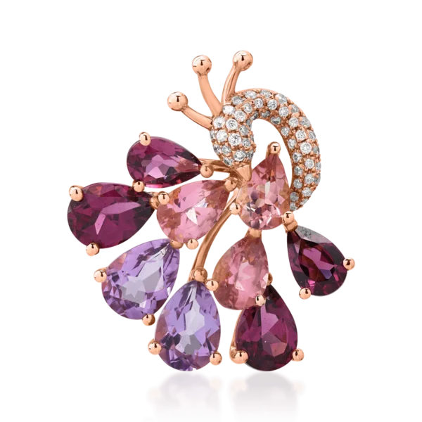 Pandantiv paun din aur roz cu pietre pretioase si semipretioase de 5.67ct