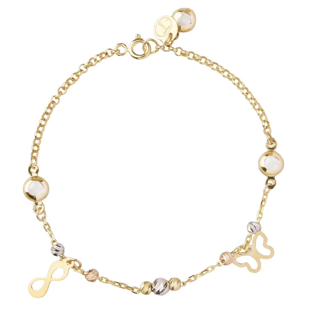Bratara cu charmuri din aur alb-roz-galben