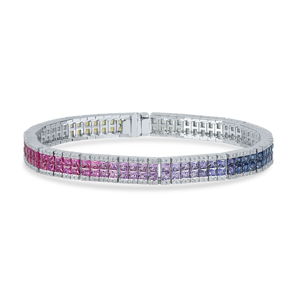 Bratara din aur alb cu safire multicolore princess si diamante de 8.9ct