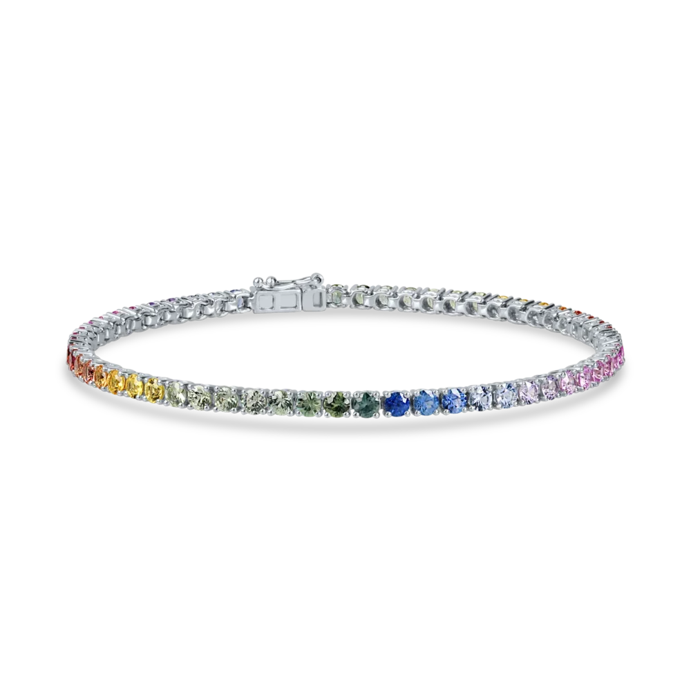 Bratara tennis din aur alb cu safire multicolore de 6ct