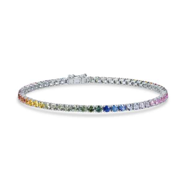 Bratara tennis din aur alb cu safire multicolore de 6ct