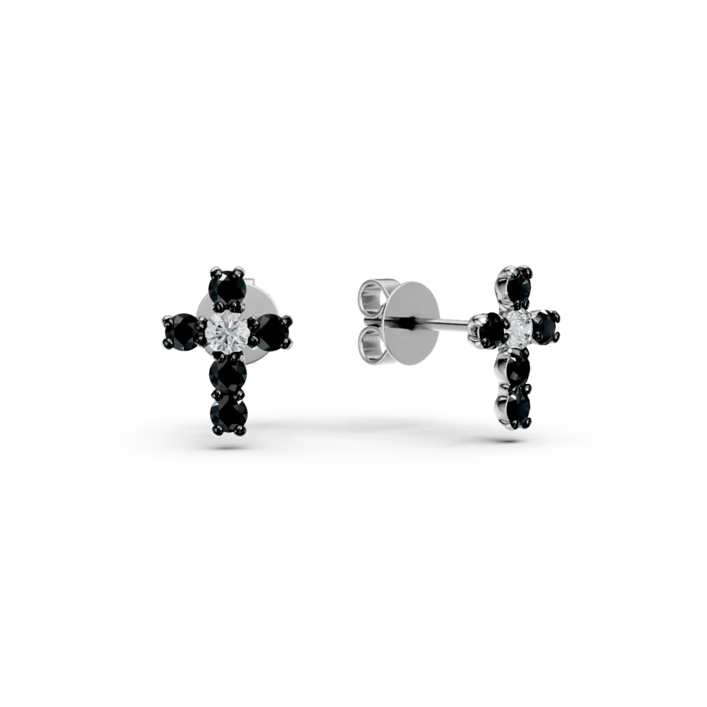 Cercei cruciulite din aur alb cu diamante negre si incolore de 0.1ct