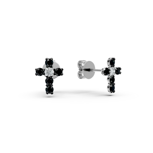 Cercei cruciulite din aur alb cu diamante negre si incolore de 0.1ct