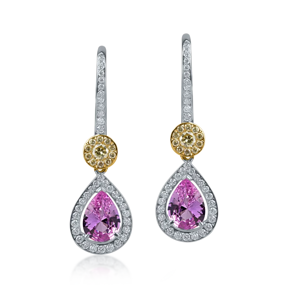 Cercei din aur alb cu safire roz pear si diamante de 1.8ct - imagine 2