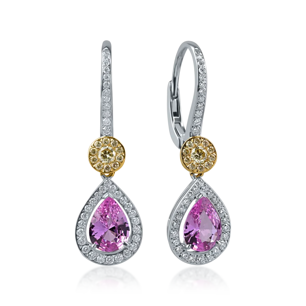 Cercei din aur alb cu safire roz pear si diamante de 1.8ct