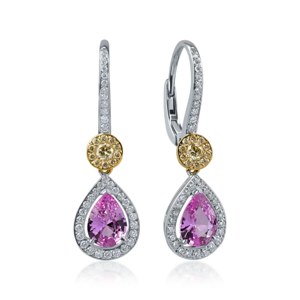 Cercei din aur alb cu safire roz pear si diamante de 1.8ct