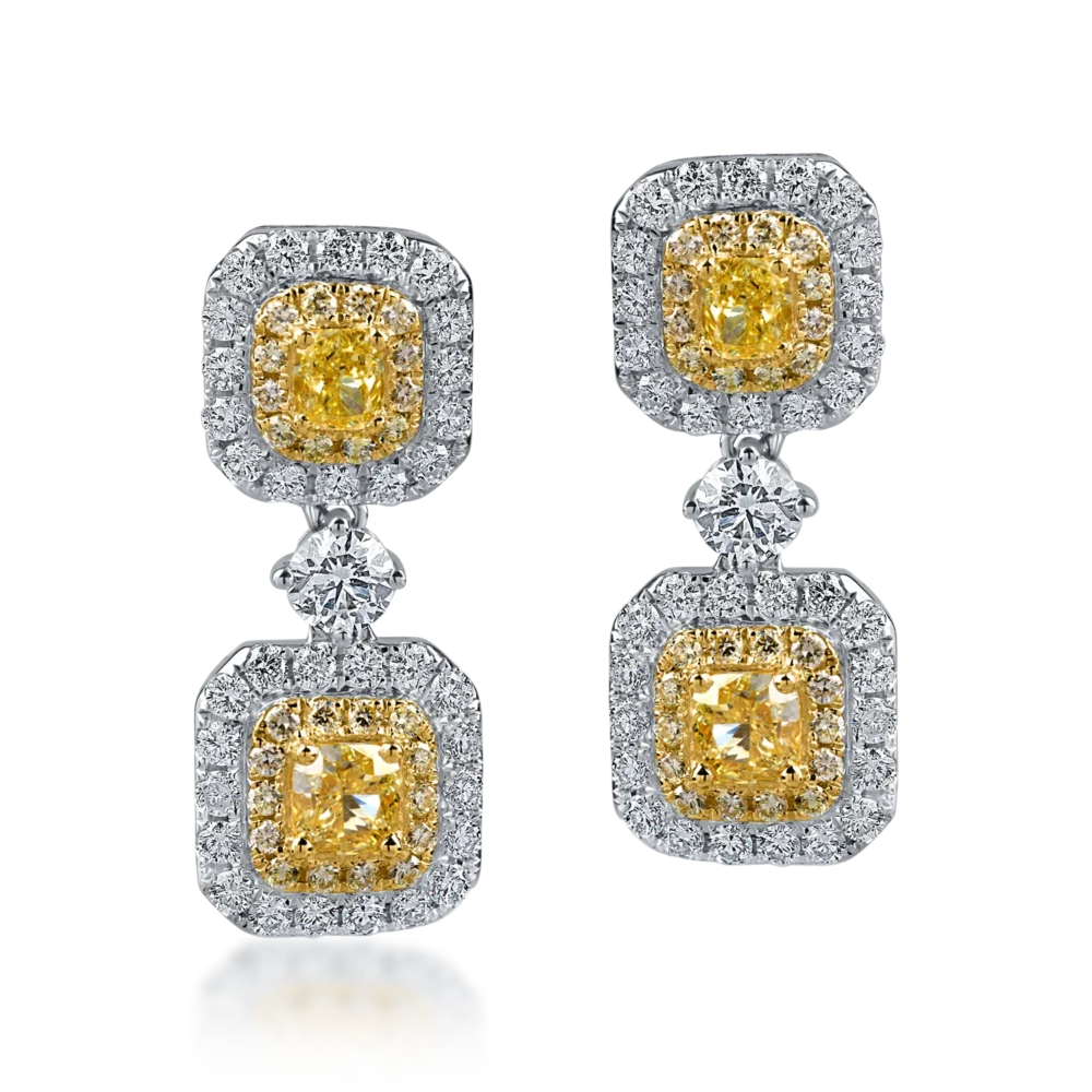 Cercei din aur alb-galben cu diamante galbene de 1.58ct si diamante incolore de 0.75ct - imagine 2